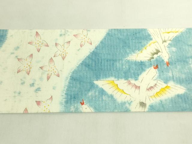 平和屋本店●極上　型絵染染色家　鈴木紀絵　九寸名古屋帯　紬地　絞染め　飛鳥花文　逸品　DZAB9314kh6