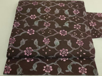 平和屋着物●極上　工芸帯　九寸名古屋帯　花唐草　綿　濃い黒鳶色地　逸品　DZAB9316kh6