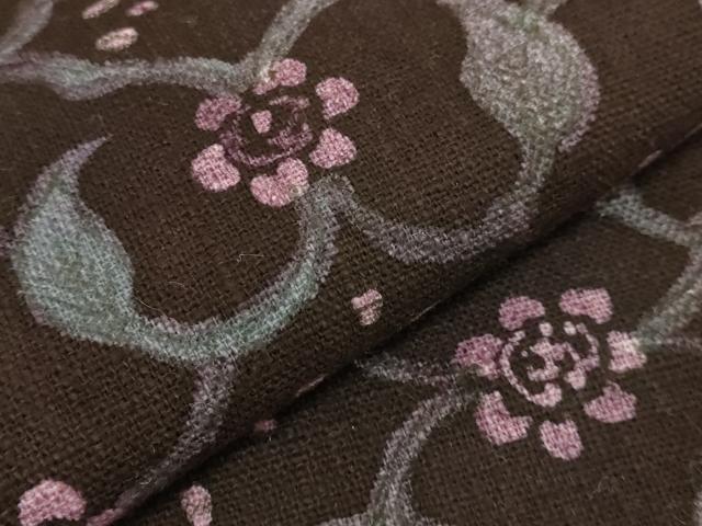 平和屋着物●極上　工芸帯　九寸名古屋帯　花唐草　綿　濃い黒鳶色地　逸品　DZAB9316kh6