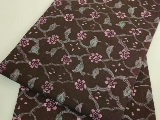 平和屋着物●極上　工芸帯　九寸名古屋帯　花唐草　綿　濃い黒鳶色地　逸品　DZAB9316kh6
