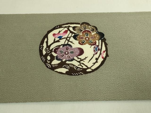 平和屋本店●極上　人間国宝　玉那覇有公　本場琉球紅型　九寸名古屋帯　枝梅　薄い岩井茶色地　鬼しぼ縮緬　参考資料付　逸品 DZAB9317kh6