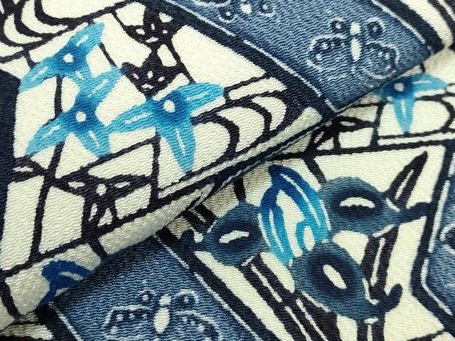 平和屋本店●最高級　城間栄順　本場琉球紅型　九寸名古屋帯　藍　杜若　鬼しぼ縮緬　伊と幸　上代98万　証紙・反端付　逸品　DZAB9334kh6