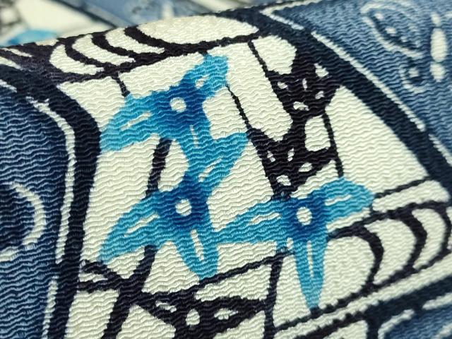 平和屋本店●最高級　城間栄順　本場琉球紅型　九寸名古屋帯　藍　杜若　鬼しぼ縮緬　伊と幸　上代98万　証紙・反端付　逸品　DZAB9334kh6