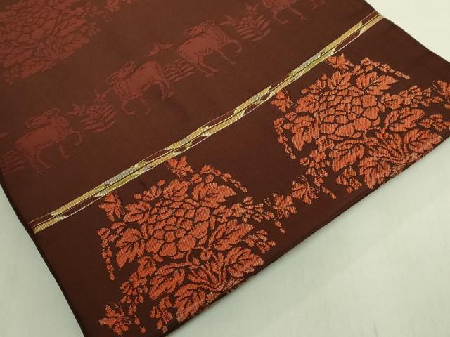 平和屋着物●最高級　龍村平蔵製　太鼓柄　本袋帯　半花准朱錦　濃い栗梅色地　金銀糸　逸品　DZAB9343kh6
