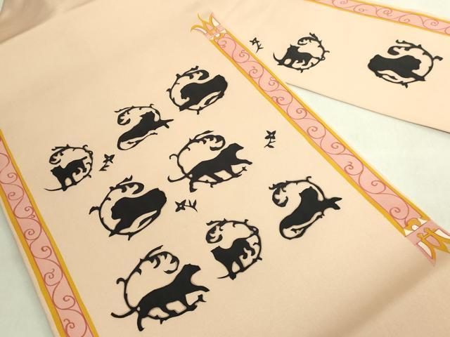 平和屋着物●極上　塩瀬　九寸名古屋帯　動物　シルエット　薄い洗柿色地　逸品　DZAB9347kh6