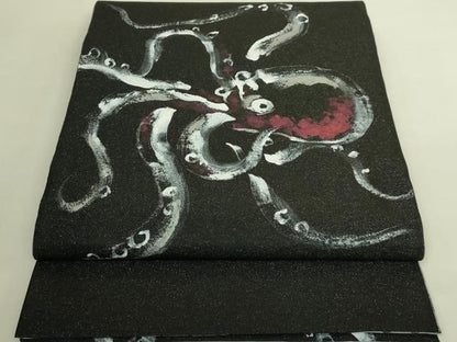 平和屋着物●極上　両面　太鼓柄袋帯　手描き　蛸　タコ　黒地　銀通し地　逸品　DZAB9351kh6