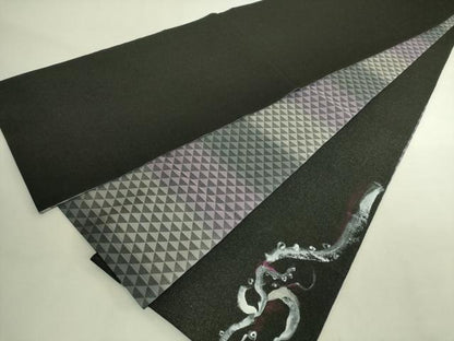 平和屋着物●極上　両面　太鼓柄袋帯　手描き　蛸　タコ　黒地　銀通し地　逸品　DZAB9351kh6
