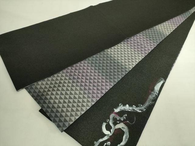 平和屋着物●極上　両面　太鼓柄袋帯　手描き　蛸　タコ　黒地　銀通し地　逸品　DZAB9351kh6