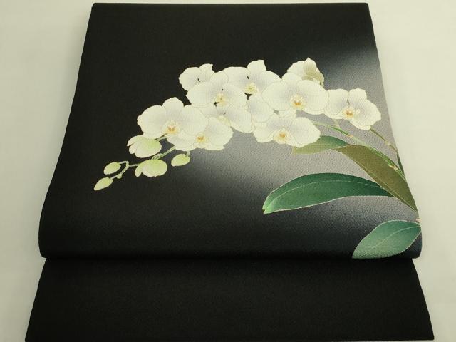 平和屋着物●極上　友禅作家　茂野大生　九寸開き名古屋帯　胡蝶蘭　黒地　鬼しぼ縮緬　逸品　DZAB9355kh6