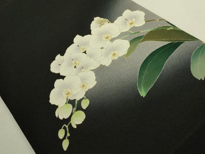 平和屋着物●極上　友禅作家　茂野大生　九寸開き名古屋帯　胡蝶蘭　黒地　鬼しぼ縮緬　逸品　DZAB9355kh6