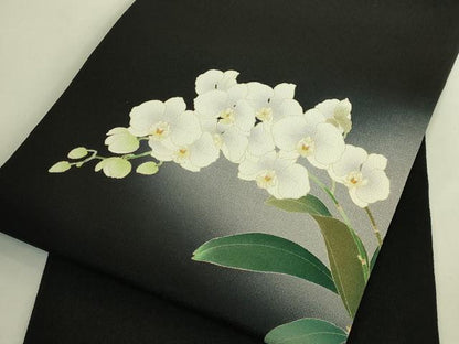 平和屋着物●極上　友禅作家　茂野大生　九寸開き名古屋帯　胡蝶蘭　黒地　鬼しぼ縮緬　逸品　DZAB9355kh6