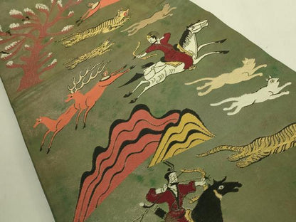 平和屋着物●極上　洛風林　工芸帯地　太鼓柄袋帯　狩猟文　金糸　逸品　DZAB9356kh6