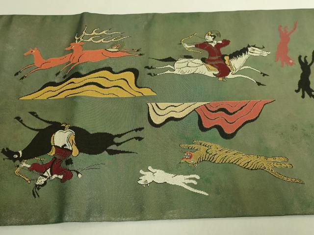 平和屋着物●極上　洛風林　工芸帯地　太鼓柄袋帯　狩猟文　金糸　逸品　DZAB9356kh6