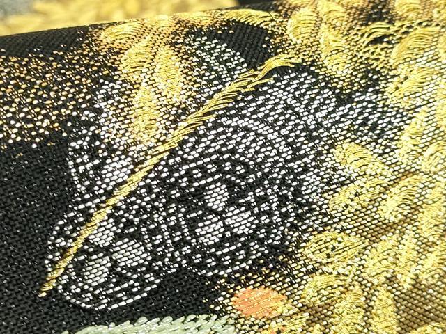 平和屋着物●極上 西陣 皇室 総理大臣献上作家 青木兄弟 六通柄袋帯 米百俵 本金プラチナ 黄金織つづれ 黒地 金銀糸 反端 逸品 DZAB9365kh6