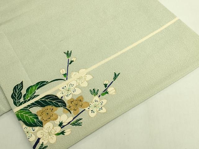 平和屋本店●極上　浦野理一　金彩友禅　つけ帯　桃　柳鼠色地　金彩　鬼しぼ縮緬　たとう紙付き　逸品　DZAB9375kh6