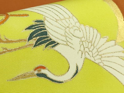 平和屋本店●極上　銀座　志ま亀　塩瀬　九寸開き名古屋帯　飛鶴宝尽くし　金彩　赤朽葉色地　たとう紙付き　逸品　DZAB9376kh6