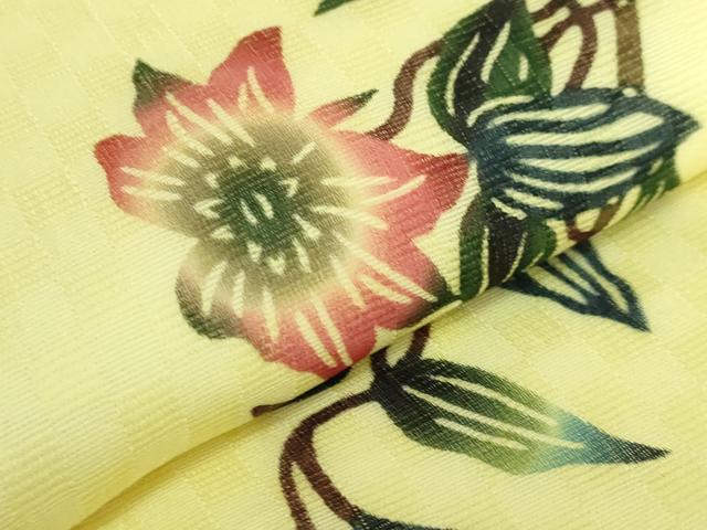 平和屋着物＊極上　夏物　本場琉球紅型　半幅帯　安里びんがた工房　安里和雄　鉄線花　証紙・反端付き　逸品　DZAB9382kh6