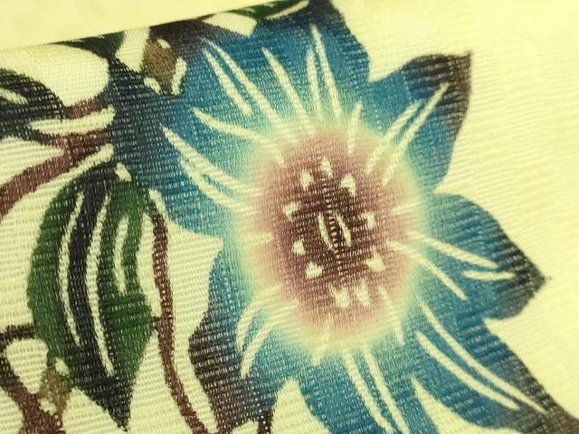 平和屋着物＊極上　夏物　本場琉球紅型　半幅帯　安里びんがた工房　安里和雄　鉄線花　証紙・反端付き　逸品　DZAB9382kh6