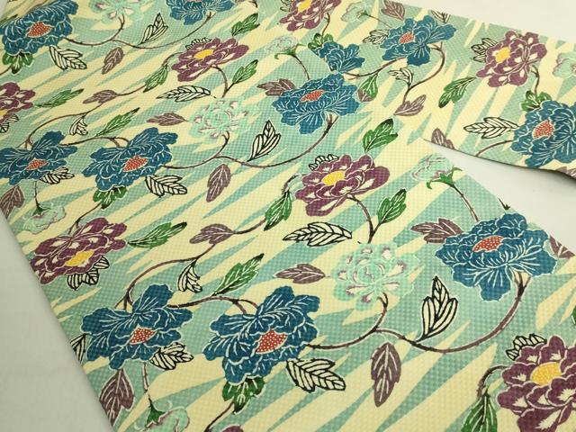 平和屋本店●極上　人間国宝　鎌倉芳太郎　型絵染　琉球紅型　九寸名古屋帯　菱霞牡丹唐草文　ゑり善扱い　たとう紙付　逸品　DZAB9384kh6