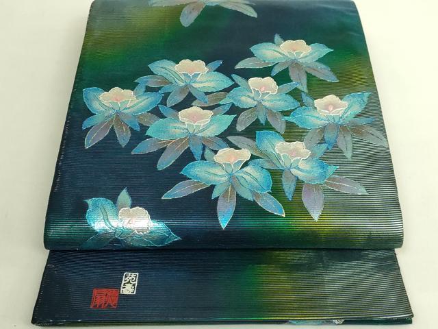 平和屋本店●極上 国際的伝統工芸作家 十二代・藤林徳扇 苑寿 両面 太鼓柄袋帯 舞花文 プラチナ 宝石箔 共箱付 逸品 未使用 DZAB9386kh6