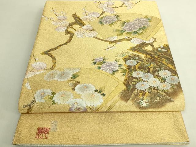 平和屋本店●極上 国際的伝統工芸作家 十二代・藤林徳扇 苑寿 太鼓柄袋帯 扇面花文 枝梅 金銀彩 共箱・たとう紙付 逸品 未使用 DZAB9388kh6