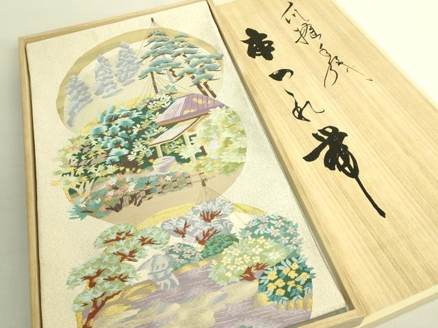 平和屋本店●極上　爪掻き本綴れ　太鼓柄袋帯　風景文　金銀糸　共箱付き　逸品　DZAB9393kh6