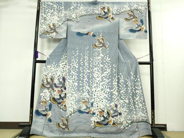 平和屋本店●極上　訪問着　鴛鴦　枝梅　暈し染め　金銀彩　反端付き　逸品　未使用　DZAB9406kh6