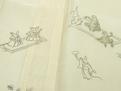 平和屋着物＊極上　夏物　訪問着　紗紬　手描き　鳥獣戯画　鳥の子色地　逸品　未使用　DZAB9412kh6