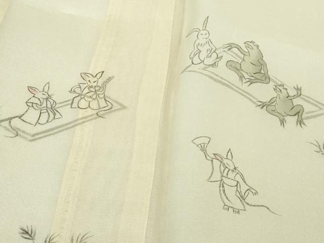 平和屋着物＊極上　夏物　訪問着　紗紬　手描き　鳥獣戯画　鳥の子色地　逸品　未使用　DZAB9412kh6