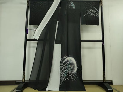 平和屋着物＊極上　夏物　訪問着　絽　秋草文　暈し染め　黒地　逸品　DZAB9414kh6