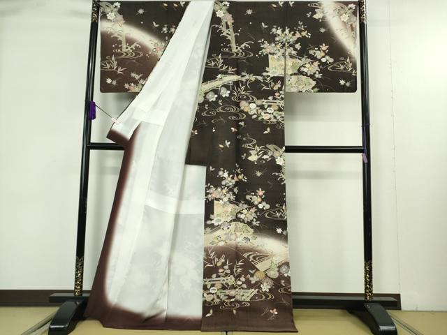 平和屋本店●極上　染織の名門　しょうざん  生紬　訪問着　渡橋花文　暈し染め　反端付き　逸品　DZAB9415kh6