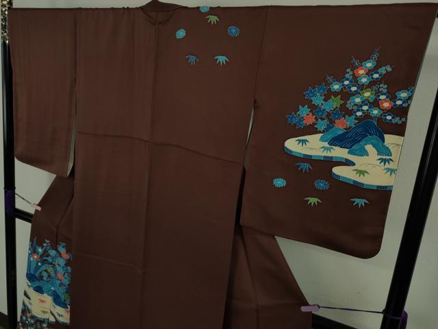 平和屋本店●極上　人間国宝　五代　田畑喜八　訪問着　藍　草花文　海老茶色地　逸品　DZAB9423kh6