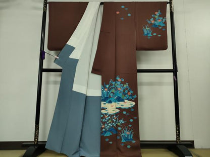 平和屋本店●極上　人間国宝　五代　田畑喜八　訪問着　藍　草花文　海老茶色地　逸品　DZAB9423kh6