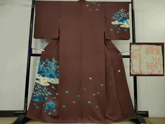 平和屋本店●極上　人間国宝　五代　田畑喜八　訪問着　藍　草花文　海老茶色地　逸品　DZAB9423kh6
