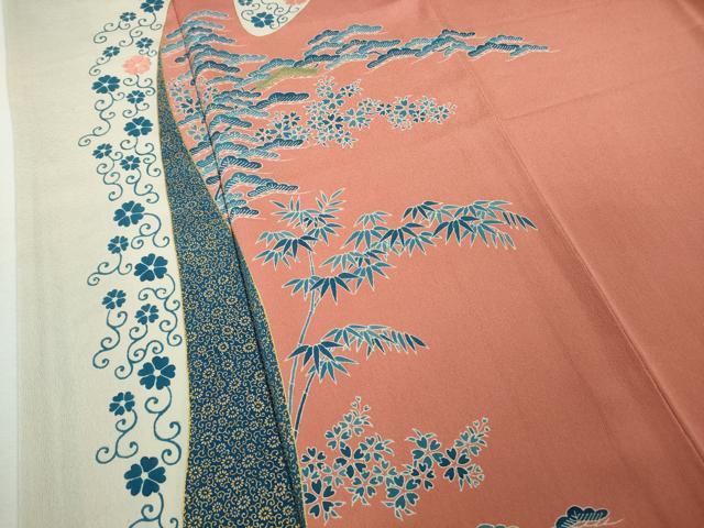 平和屋本店●極上　人間国宝　五代　田畑喜八　訪問着　藍　刺繍　笹竹　花唐草文　金彩　逸品　DZAB9424kh6