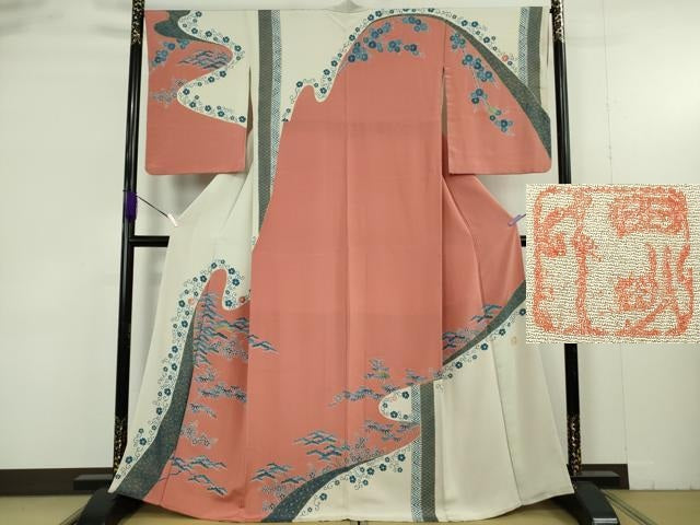平和屋本店●極上　人間国宝　五代　田畑喜八　訪問着　藍　刺繍　笹竹　花唐草文　金彩　逸品　DZAB9424kh6