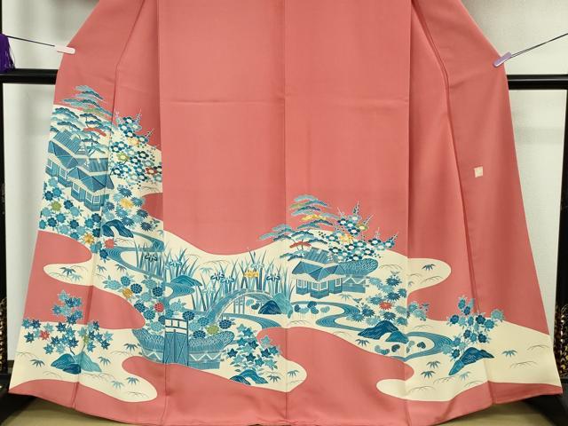 平和屋本店●極上人間国宝　五代　田畑喜八　訪問着　駒刺繍　藍　渡橋風景花文　甚三紅色地　逸品　DZAB9425kh6