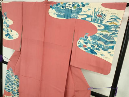 平和屋本店●極上人間国宝　五代　田畑喜八　訪問着　駒刺繍　藍　渡橋風景花文　甚三紅色地　逸品　DZAB9425kh6