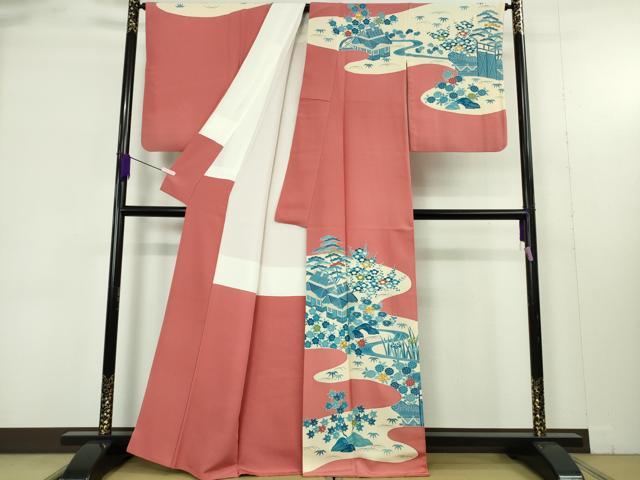 平和屋本店●極上人間国宝　五代　田畑喜八　訪問着　駒刺繍　藍　渡橋風景花文　甚三紅色地　逸品　DZAB9425kh6