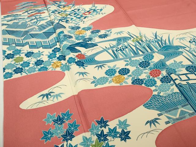 平和屋本店●極上人間国宝　五代　田畑喜八　訪問着　駒刺繍　藍　渡橋風景花文　甚三紅色地　逸品　DZAB9425kh6