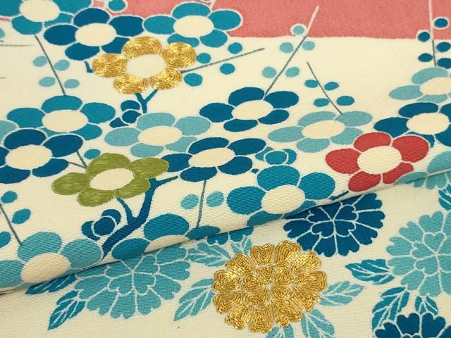 平和屋本店●極上人間国宝　五代　田畑喜八　訪問着　駒刺繍　藍　渡橋風景花文　甚三紅色地　逸品　DZAB9425kh6