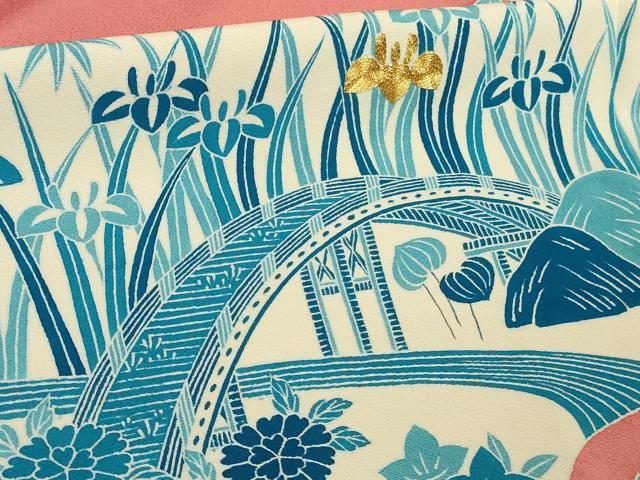平和屋本店●極上人間国宝　五代　田畑喜八　訪問着　駒刺繍　藍　渡橋風景花文　甚三紅色地　逸品　DZAB9425kh6