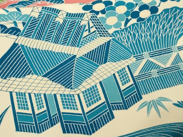 平和屋本店●極上人間国宝　五代　田畑喜八　訪問着　駒刺繍　藍　渡橋風景花文　甚三紅色地　逸品　DZAB9425kh6