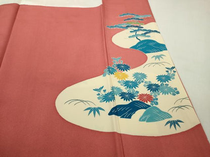 平和屋本店●極上人間国宝　五代　田畑喜八　訪問着　駒刺繍　藍　渡橋風景花文　甚三紅色地　逸品　DZAB9425kh6