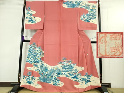 平和屋本店●極上人間国宝　五代　田畑喜八　訪問着　駒刺繍　藍　渡橋風景花文　甚三紅色地　逸品　DZAB9425kh6