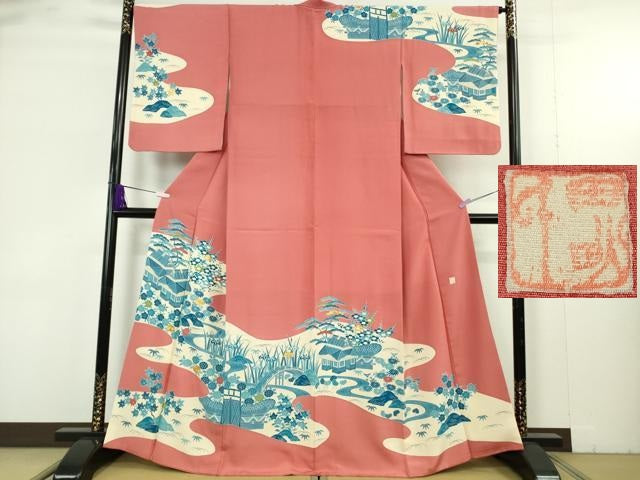 平和屋本店●極上人間国宝　五代　田畑喜八　訪問着　駒刺繍　藍　渡橋風景花文　甚三紅色地　逸品　DZAB9425kh6
