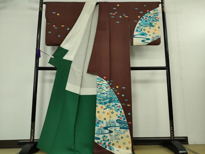 平和屋本店●極上　人間国宝　五代　田畑喜八　訪問着　藍　風景花文　栗皮茶色地　逸品　DZAB9427kh6