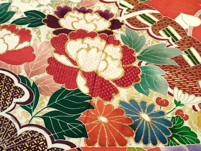 平和屋本店[]極上　創業460年・千總　七五三　女の子　7歳　祝着　駒刺繍　檜扇花丸文　金彩　逸品　DZAB9433kh6