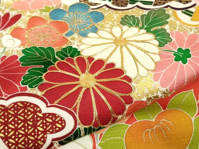 平和屋本店[]極上　創業460年・千總　七五三　女の子　7歳　祝着　駒刺繍　檜扇花丸文　金彩　逸品　DZAB9433kh6