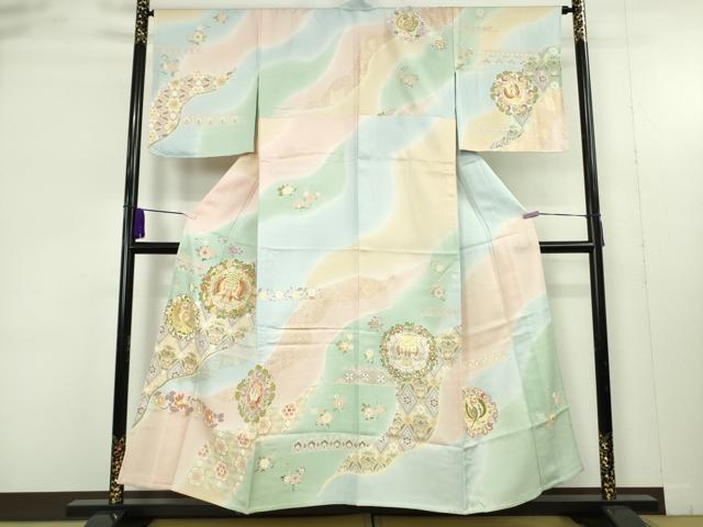 平和屋着物▽極上　訪問着　単衣　駒刺繍　道長鳳凰花文　暈し染め　金彩　逸品　未使用　DZAB9434kh6